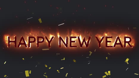 confetti falling over happy new year text in flames against black background