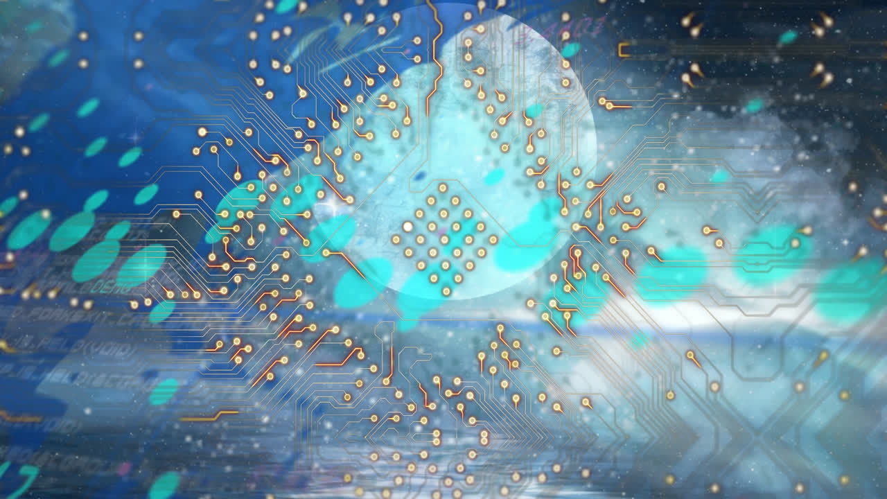 컴퓨터 회로판의 데이터 처리 및 검은색 배경에 지구의 애니메이션