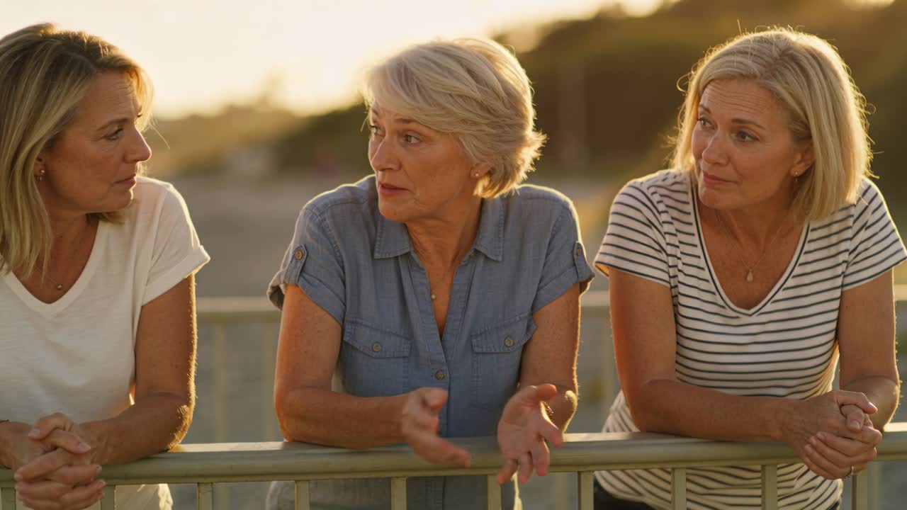 Laughing trio leaning on metal railing at shore, center gesturing with pendant, making point