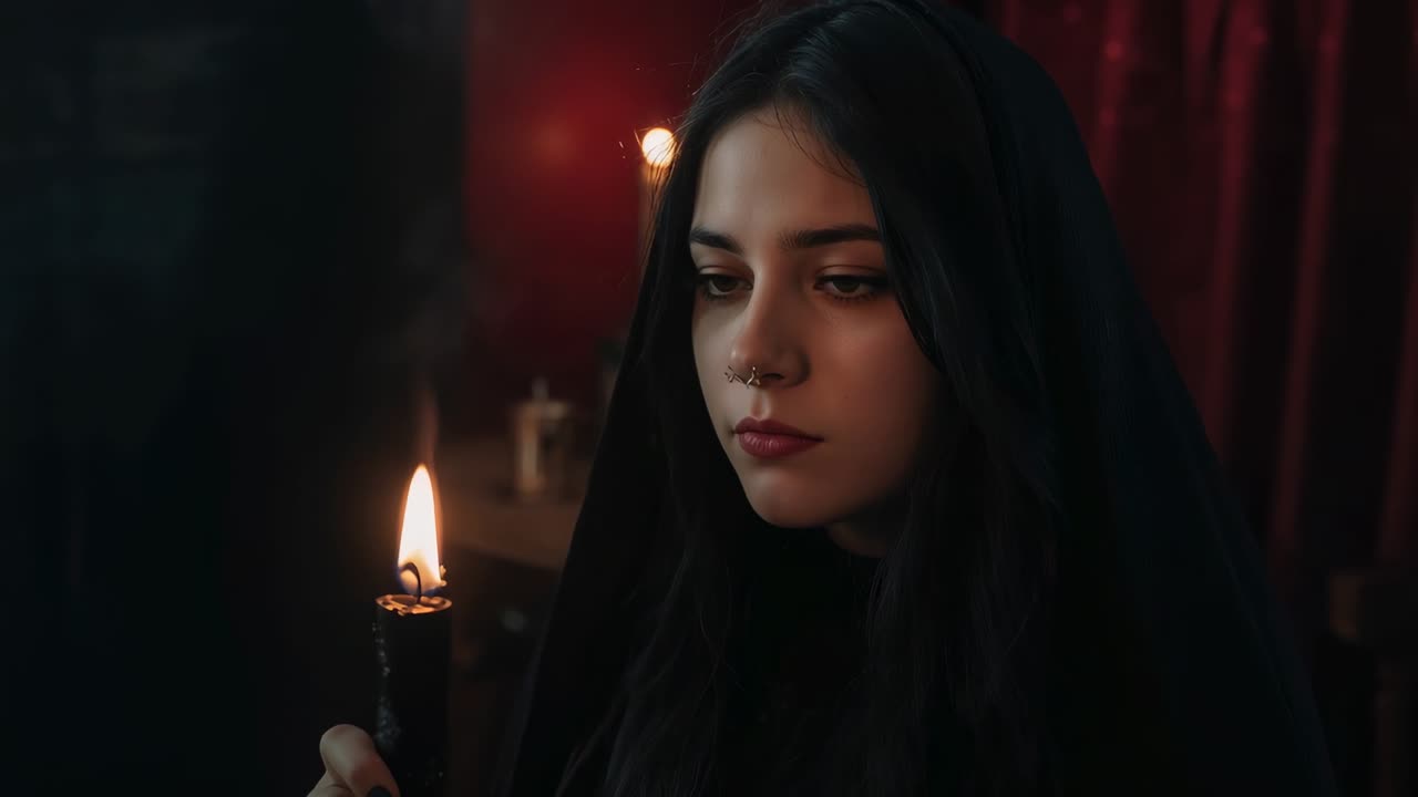 Following flame, woman with septum ring in hooded cloak holding black candle at home for ritual