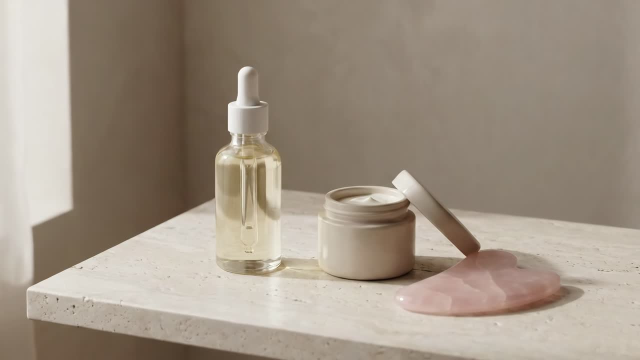 Hudplejeprodukter med serum, creme og Gua Sha på sten