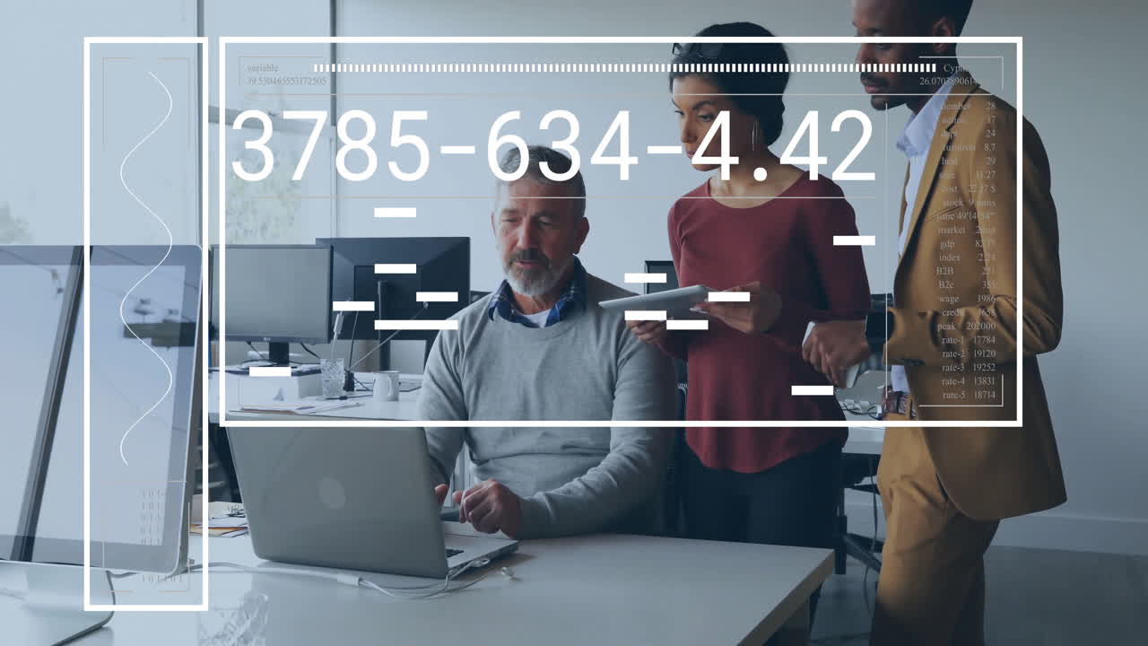 In office, team collaborating using digital data interface for animation project