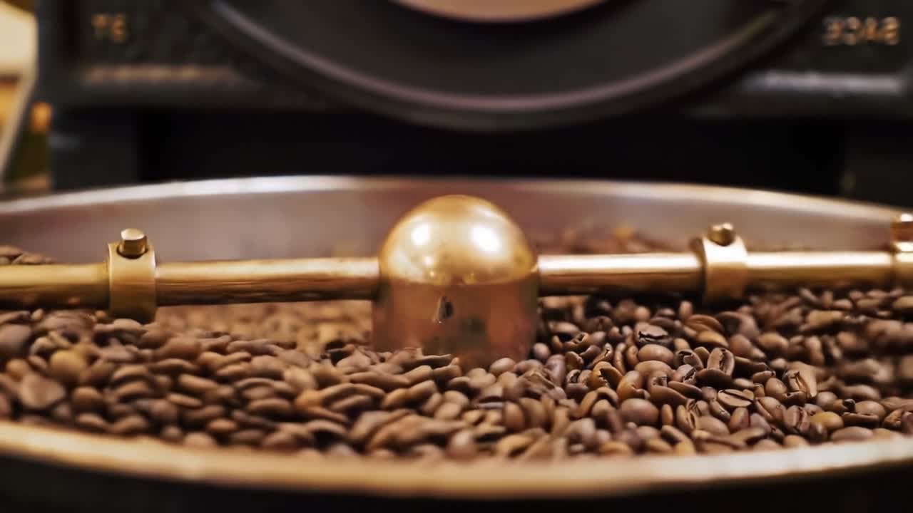 A Close-Up View of Roasting Coffee Beans in a Drum Roaster, Highlighting the Rich Aromatic Pods and the Brass Mechanism that Stir Them for Even Toasting