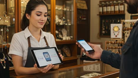 a friendly sales associate using digital payment technology to assist a customer in a jewelry store setting, showcasing modern commerce interactions