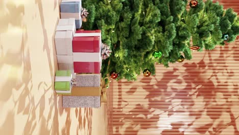 Christmas-tree-with-ornaments-and-wrapped-presents-on-a-yellow-floor-against-a-yellowbackground