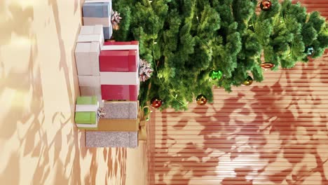 árbol de navidad con adornos y regalos envueltos en un piso amarillo contra un fondo amarillo