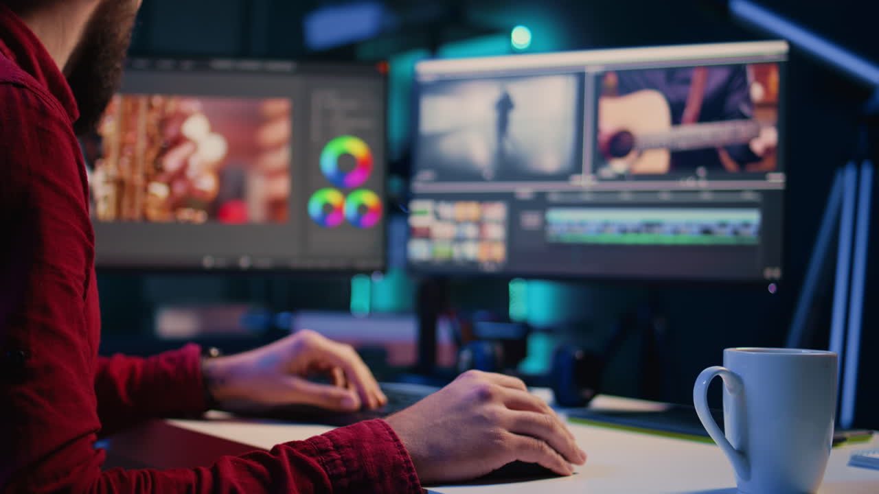 Video editor taking footage shot by production teams and improving it, finishing project in studio