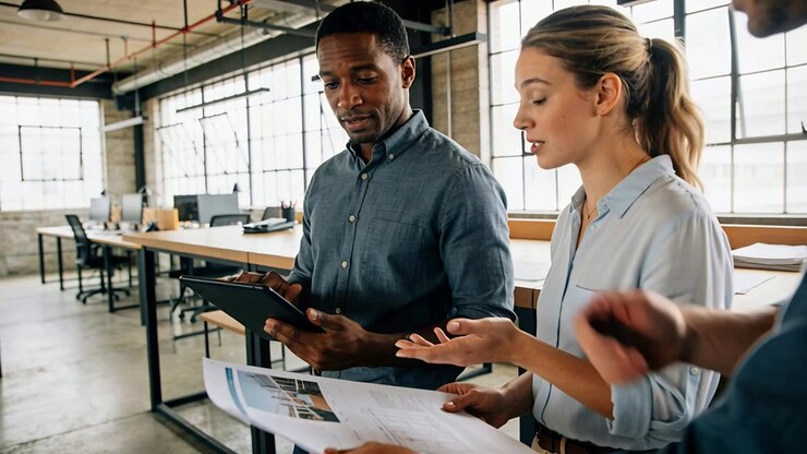 Pointing lead in shirts starting review to align plan details, colleague scrolling tablet at loft