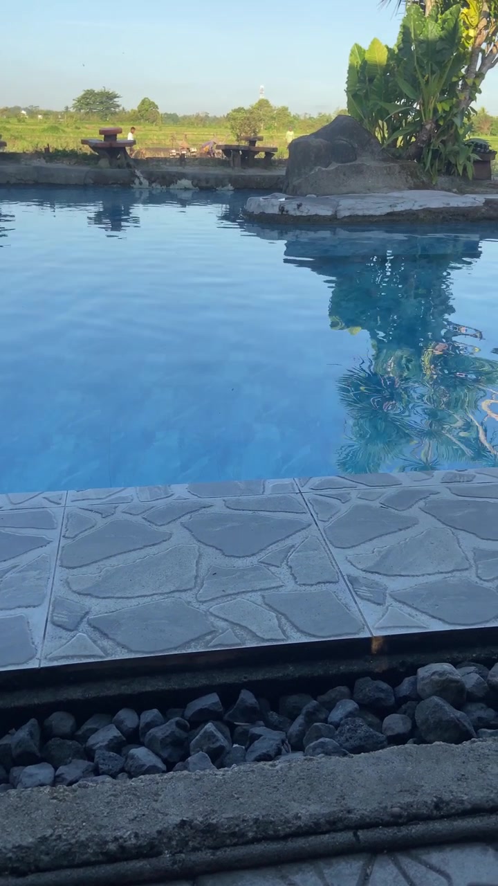 Rolig blå swimmingpool med refleksioner af natur og klar himmel