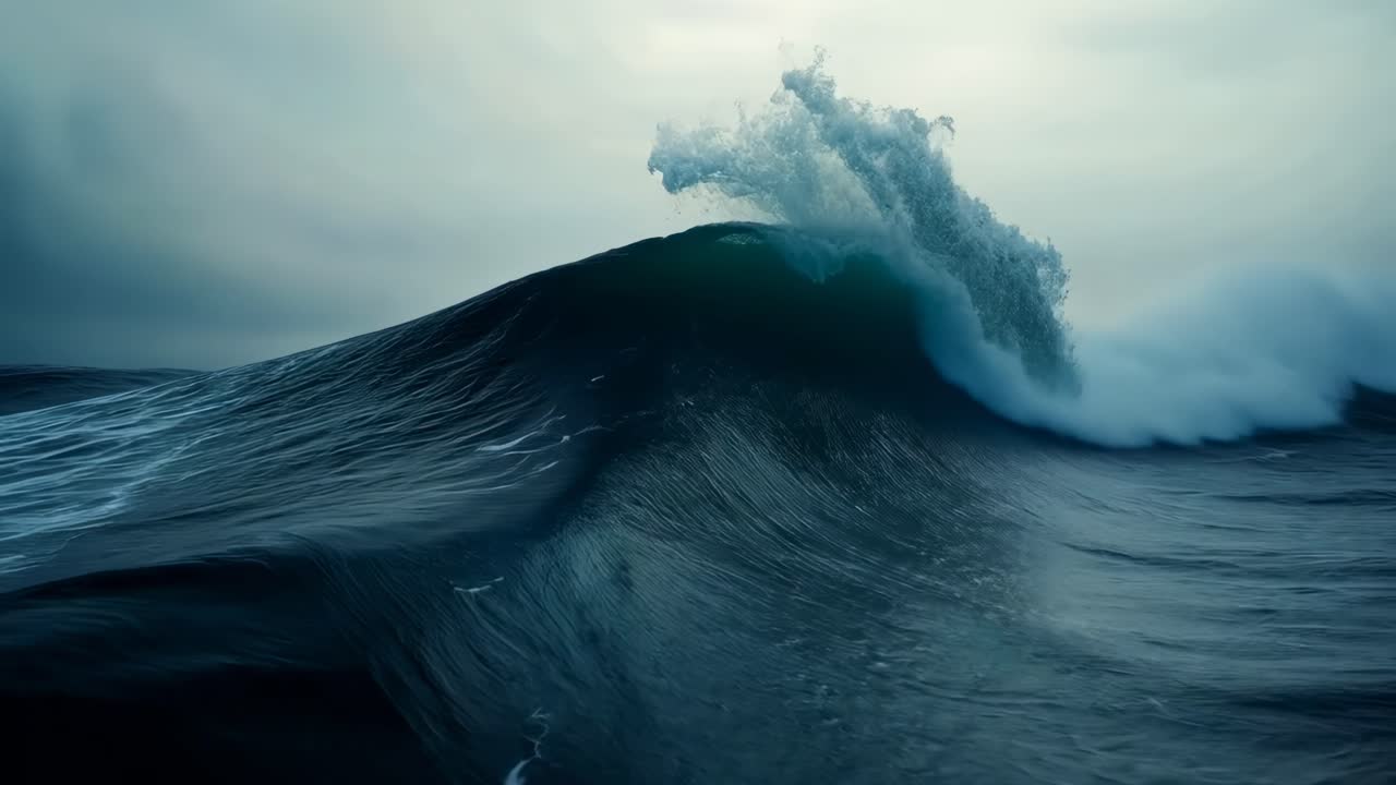 Fotograma impactante de vídeo de una inmensa ola oceánica captada desde un ángulo de cámara bajo