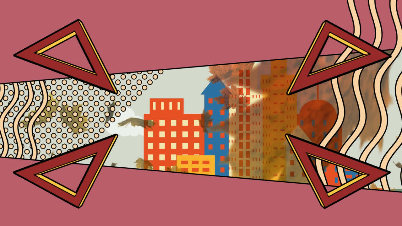 삼각형이 는 애니메이션과 잎이 떨어지는 애니메이션과 핑크색 배경의 점