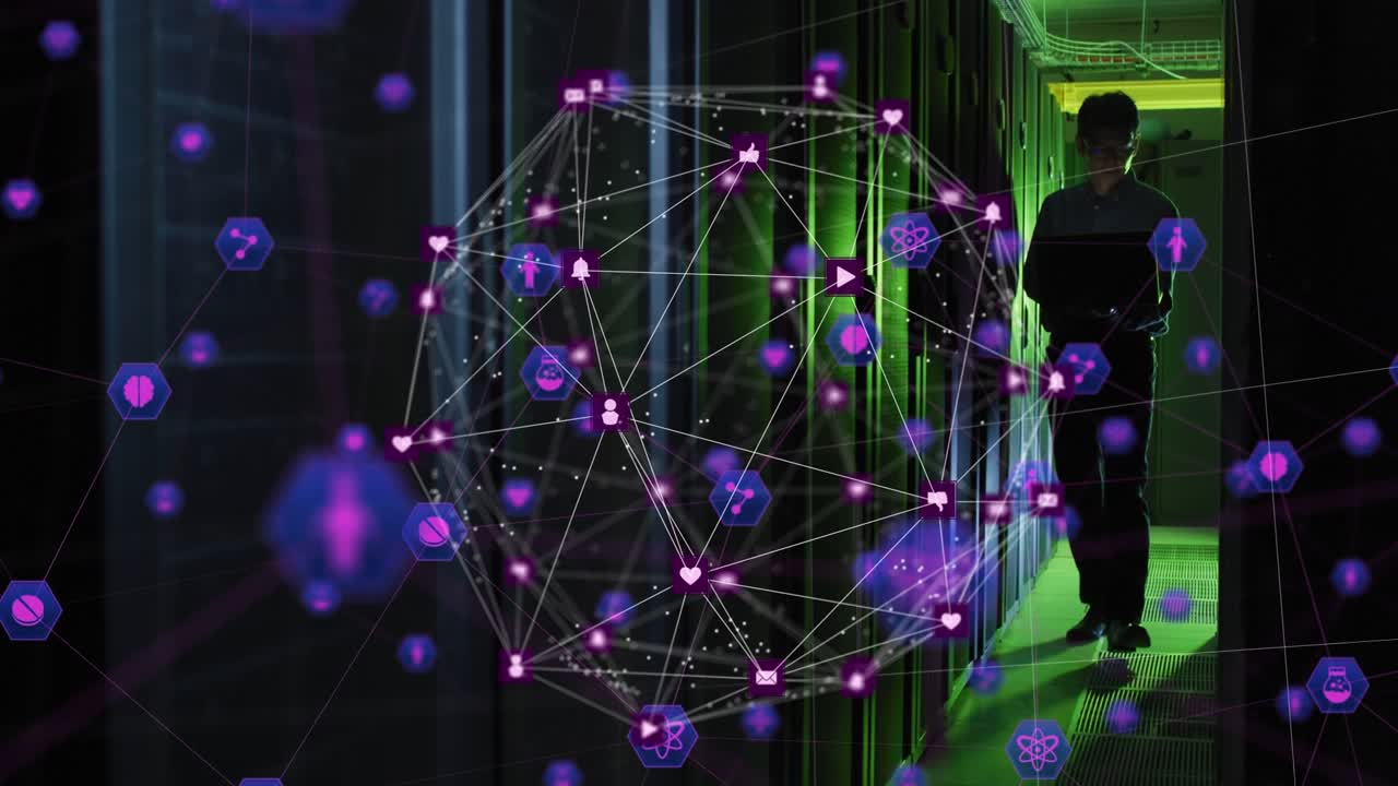 Animazione di globo di icone digitali su ingegnere asiatico che lavora in una sala server