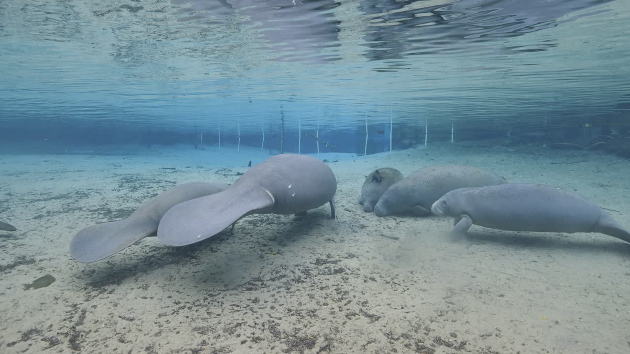 manatees rest and drift gently along the sandy bottom of a Florida spring, captured in tranquil crystal-clear water