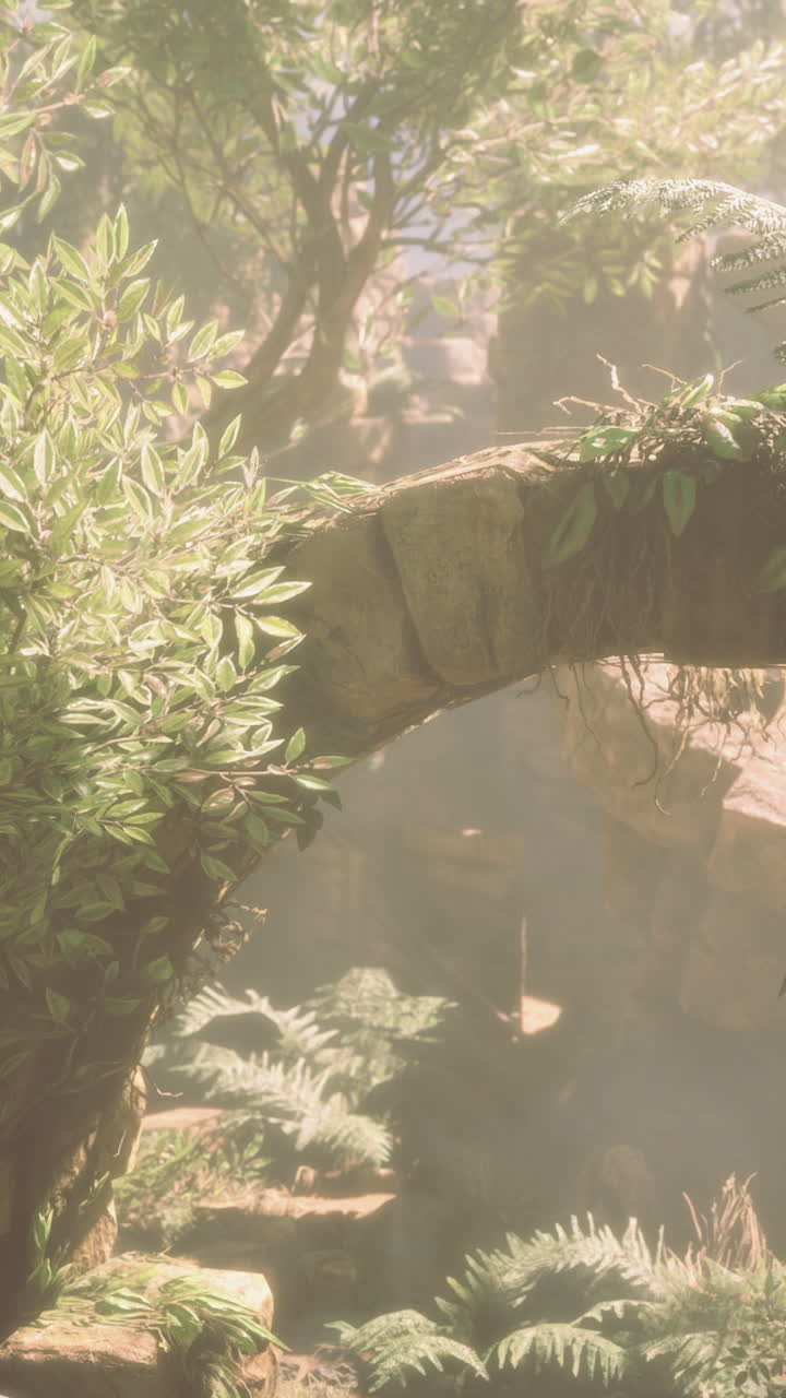 Dreamy ruins cloaked in green foliage with gentle sunlight shining