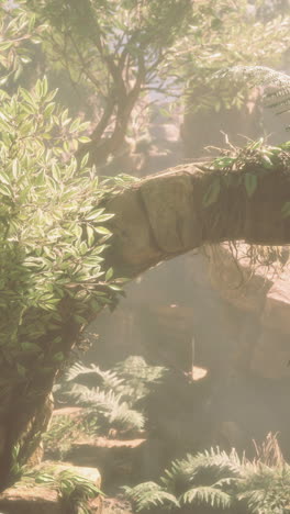 dreamy ruins cloaked in green foliage with gentle sunlight shining