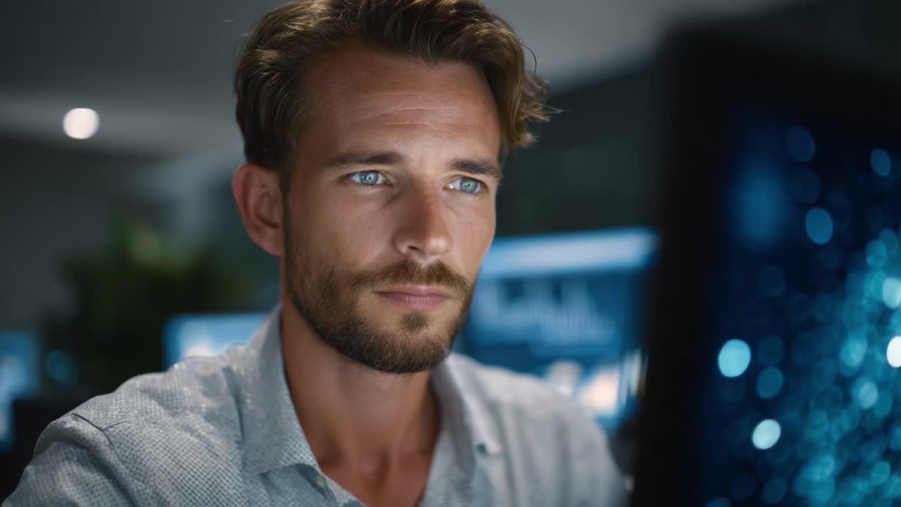 Concentrated individual working intently at a computer, deeply engaged with digital data, illuminated by soft blue tones in a modern workspace setting