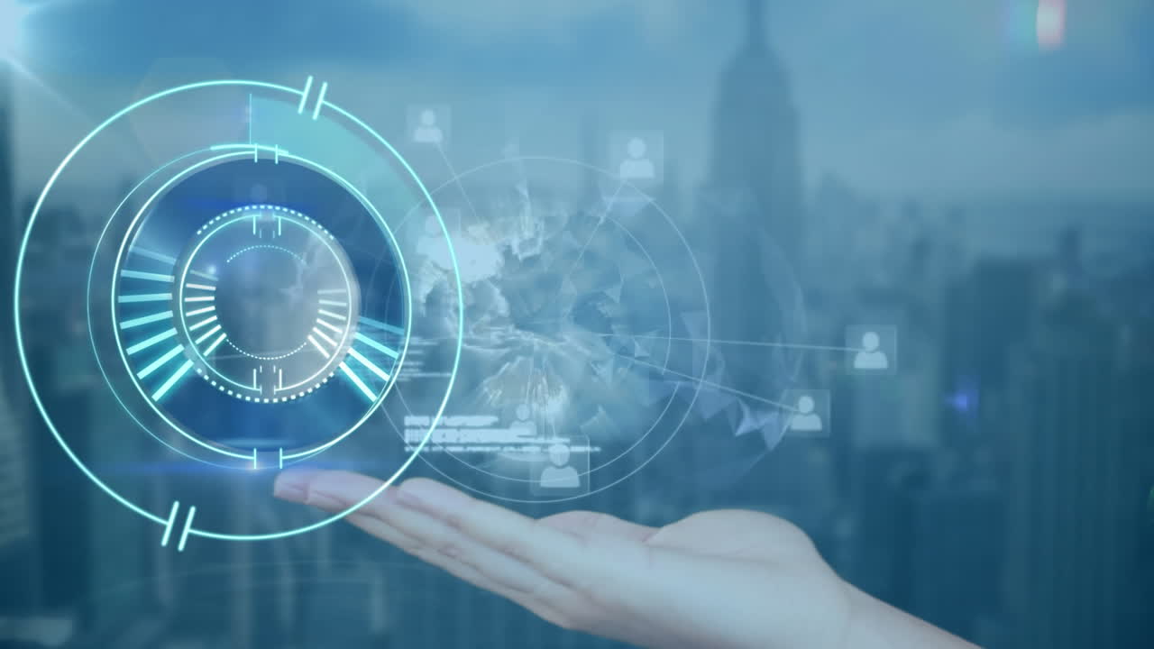 연결 네트워크와 도시 풍경에 대한 범위 스캐닝의 애니메이션