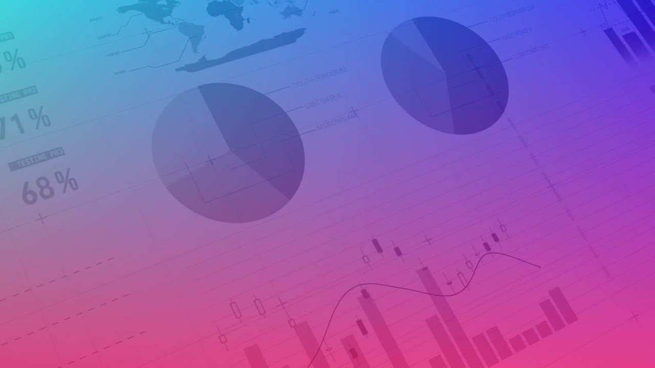 Animation of financial data processing and statistics over pink to purple background