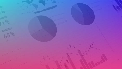 animación del procesamiento de datos financieros y las estadísticas sobre un fondo rosado a púrpura.