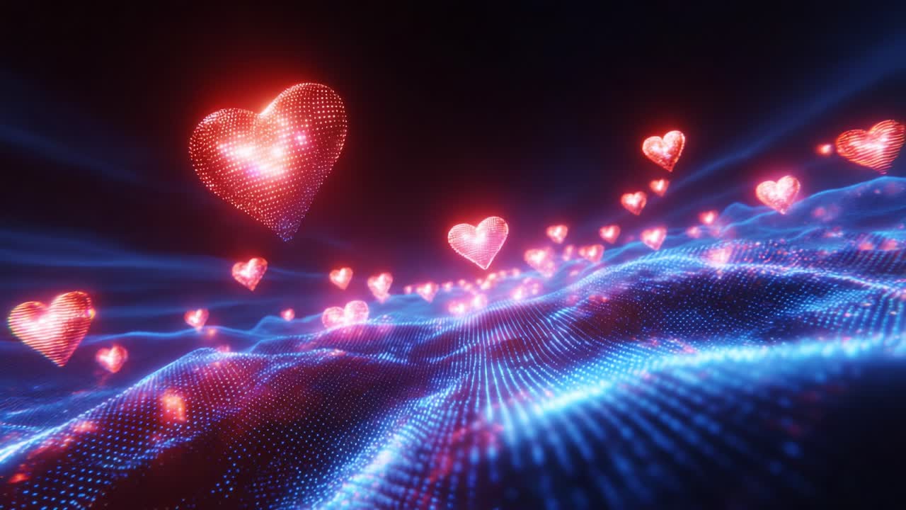 A mesmerizing digital landscape with flowing waves and glowing hearts, symbolizing love and connection, presents an enchanting visual experience that captivates the viewer’s imagination and emotions
