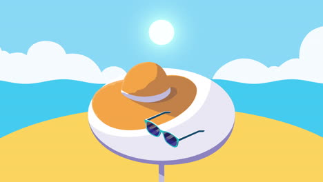 summer season on the beach with hat and sunglasses in table