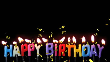 happy birthday text colorful burning candles against against black background