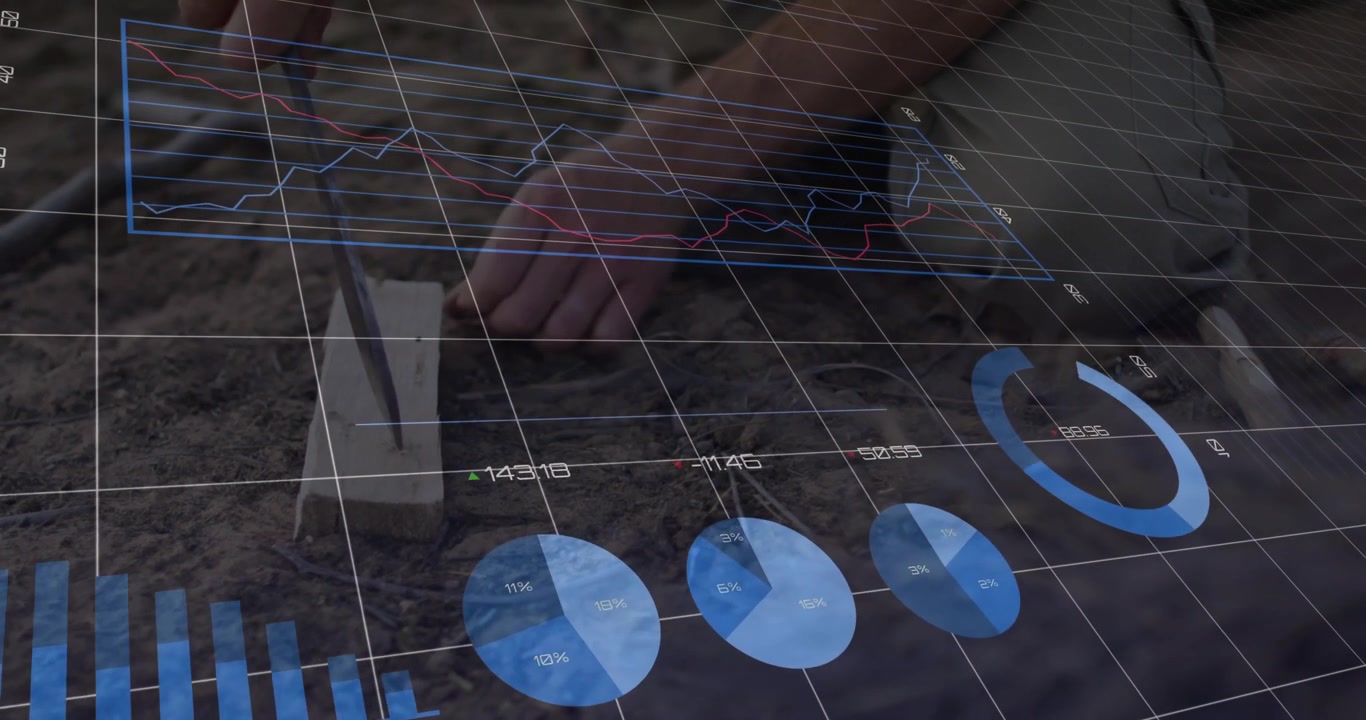 Behandschuhte Hände heben einen Hammer, schlagen einen Meißel auf einen Holzblock und aktualisieren digitale Diagramme in der Technologie.