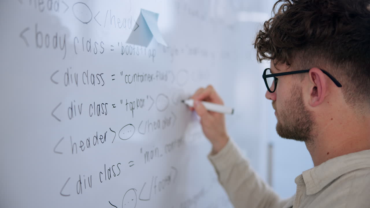 Man writing HTML code on whiteboard