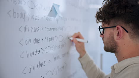 man writing html code on whiteboard