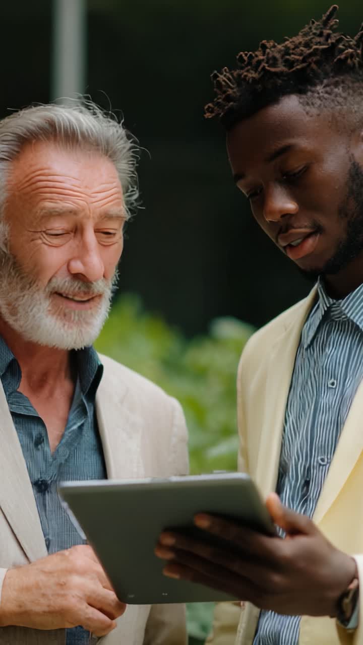 Engaging Conversation Between Two Individuals, Sharing Insights on Technology while Using a Tablet in a Serene Outdoor Setting Surrounded by Lush Greenery