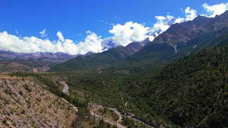 verde bosque cubierto valle de las montañas del himalaya en el distrito de mustang cerca de jomsom, nepal - paso aéreo
