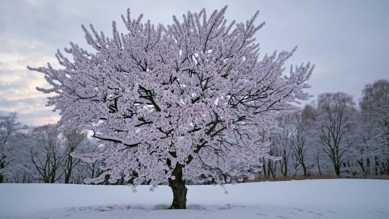 A serene winter scene with a snow-covered tree in full bloom, captured from a low angle