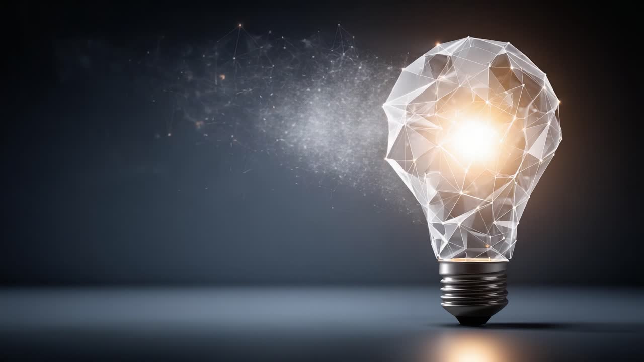 Una straordinaria rappresentazione visiva di una lampadina con un design geometrico, che emette una luce brillante e particelle, simboleggiando creatività e innovazione nell'era digitale