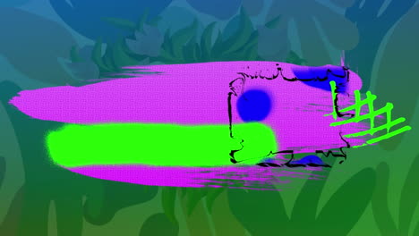 animación de manchas rosadas, verdes y azules sobre un fondo floral verde