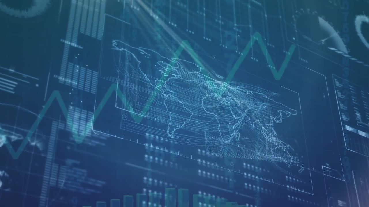 World map, graph and data processing on dark blue background