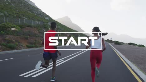 animation of the word start in white over couple exercising running on mountain road