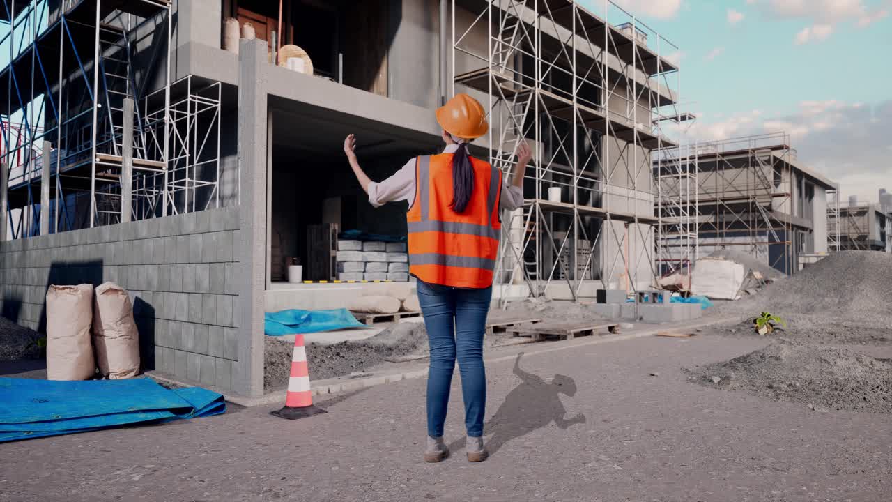 Full Body Back View Of A Female Engineer With Safety Helmet Spreading Arms While Standing At Construction Site in Progress to New House