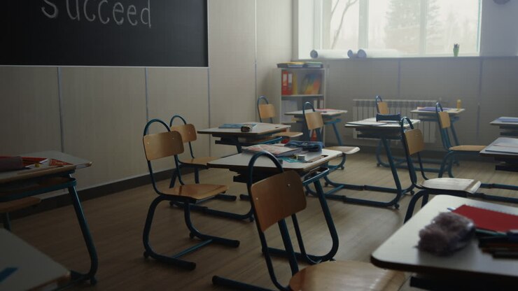 Aula con banchi e sedie a scuola. Interno di una classe di scuola elementare.