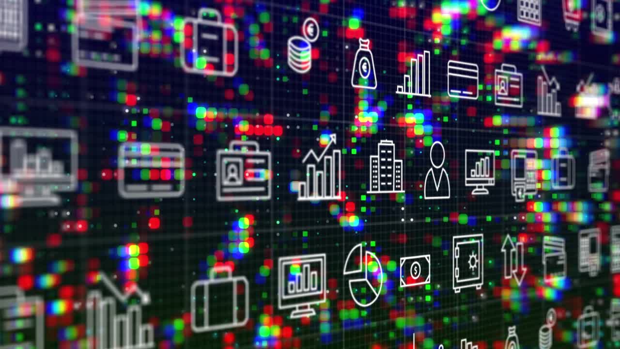 Cuadrícula de iconos financieros esquemáticos sobre una matriz RGB que comienza a desplazarse, revelando iconos pulsantes con fallas