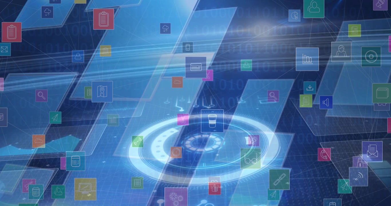 Animation of icons and diverse data on blue digital screen