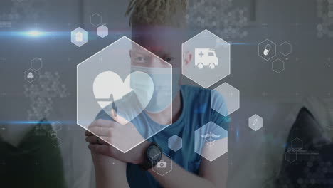 receiving vaccination, person wearing mask with healthcare animation in background