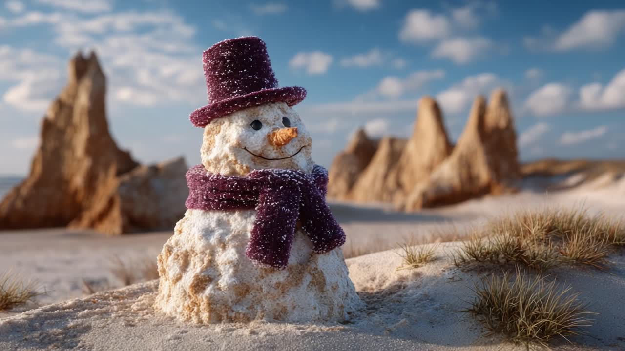 A Whimsical Snowman on a Beach: Snowy Character Dressed in a Hat and Scarf Amidst a Sunny Coastal Landscape with Rock Formations in the Background