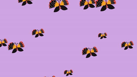 animación de mariposas con patrones negros y amarillos flotando en un fondo lila