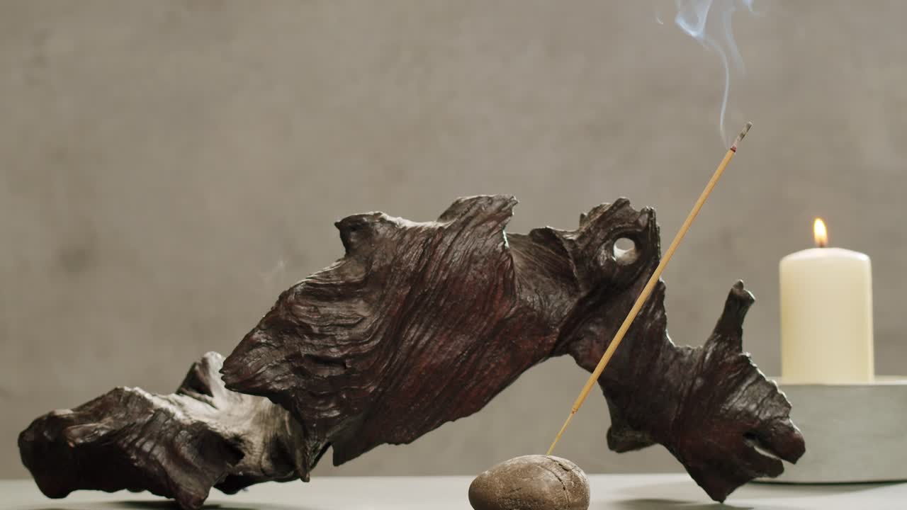 Person holding Palo Santo wood stick in hand, aromatic Palo Santo burning on black background, smoke spreading around, slow motion video clip, high quality 4k close up footage. High quality 4k footage