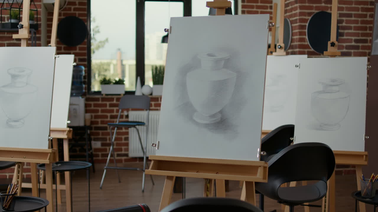 No people in modern art class studio with crafting equipment