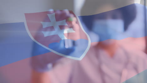 animation of flag of slovakia with female doctor in face mask and gloves holding covid vaccine