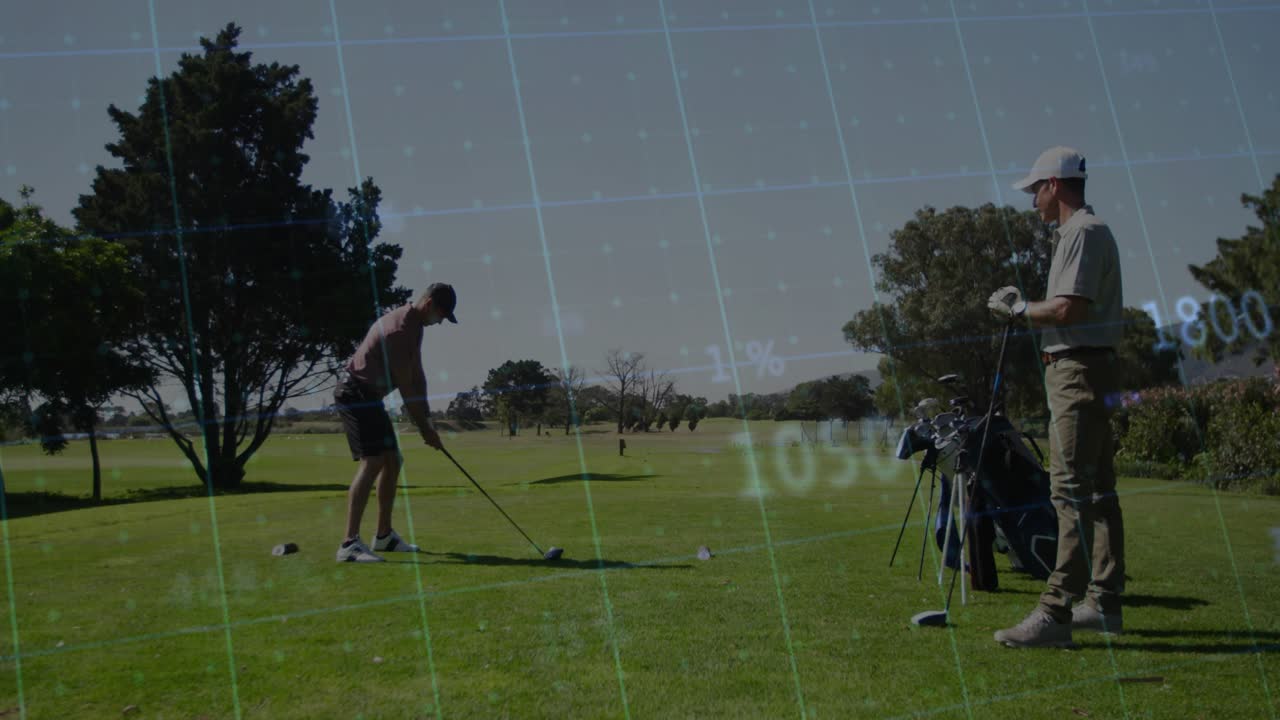 Golfer addressing ball, initiating backswing and striking shot on golf tee, grid updating analysis