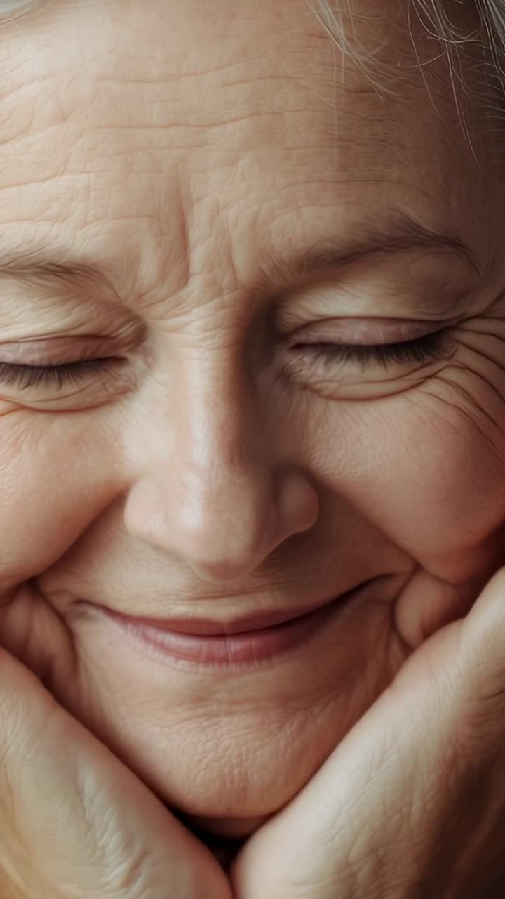 Video verticale: donna anziana che apre gli occhi, incontra lo sguardo e sorride pensierosa mentre si tocca il viso in casa