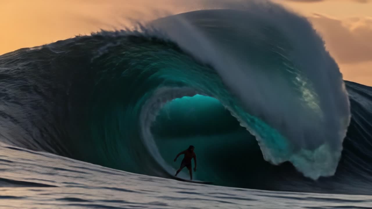 Un surfista cavalca la potenza emozionante di un'onda maestosa al tramonto, mostrando la bellezza e l'intensità del surf nello splendore della natura.