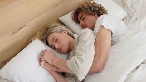 couple, hug or sleeping in bedroom of house